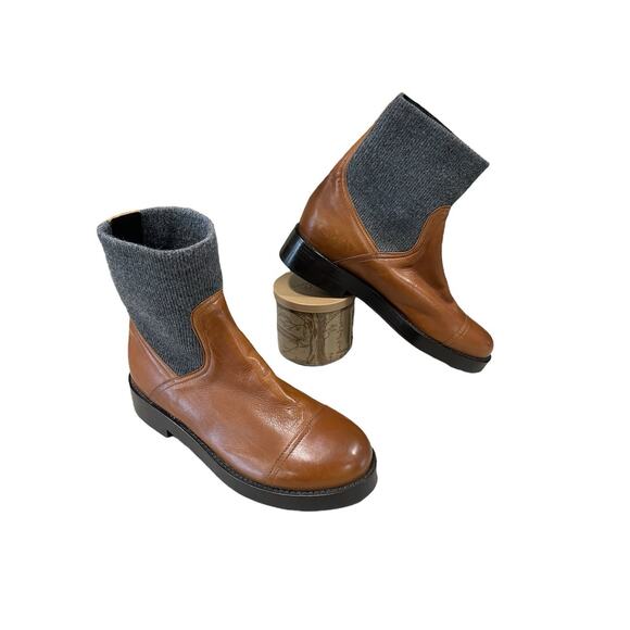J.CREW Shoes - J Crew Women's Rib Cuff Italian Leather Cap Toe Boots Size 10 Brown Grey Knit